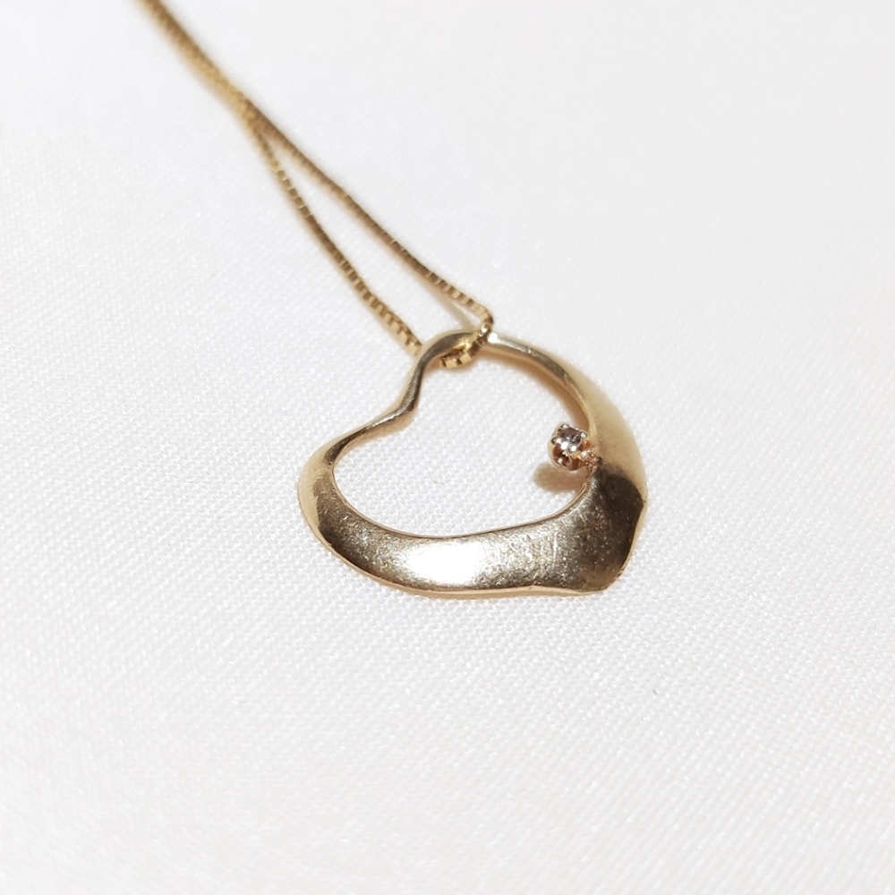 Solid 14k Open Heart Pendant With Tiny Crystal Ne… - image 1